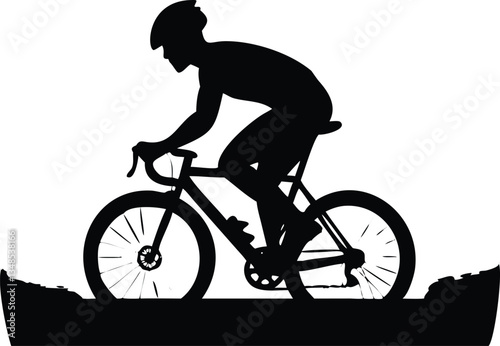 Silhouette of Man Riding Bicycle with Helmet, Outdoors Sport, Bike on White
