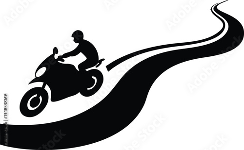 Silhouette of Motorcyclist on Winding Road, Black and White Minimalist Design, Icon Style