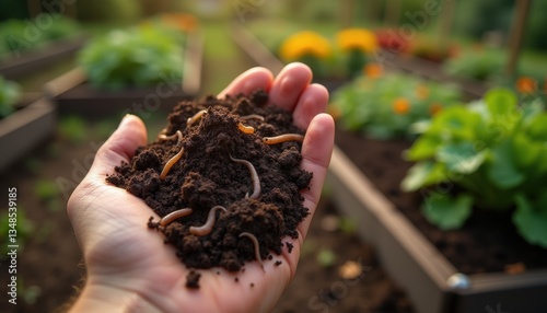 Hand holding rich organic soil with earthworms