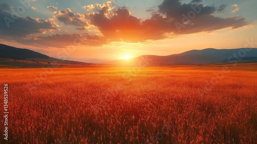 Golden Hour Sunset over Serene Rolling Hills Field