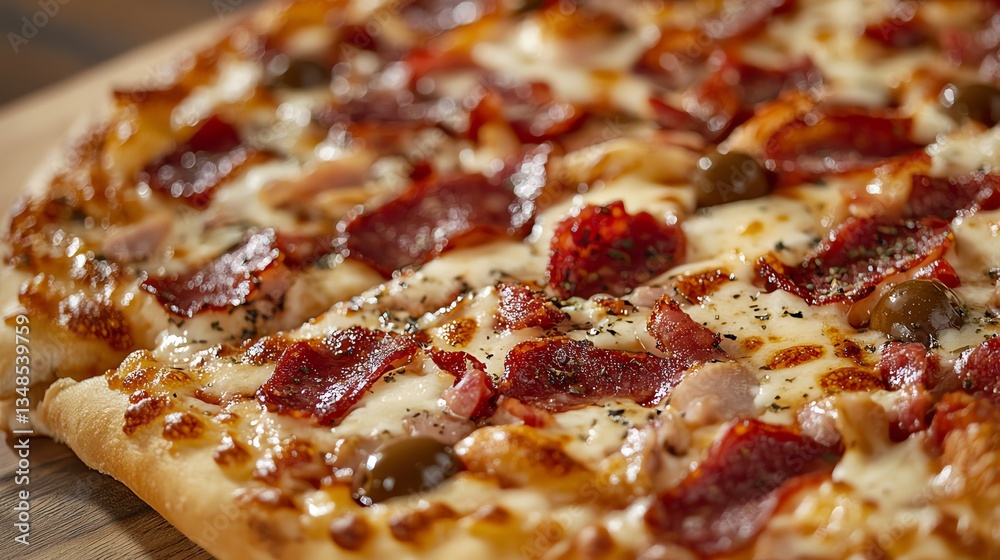 Close-up of Delicious Pizza Topped with Salami and Olives Ready to Eat Close-up of Delicious Pizza Topped with Salami and Olives Ready to Eat