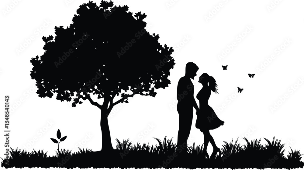 Silhouette of Young Couple Holding Hands Under a Tree with Flying Butterflies Silhouette of Young Couple Holding Hands Under a Tree with Flying Butterflies