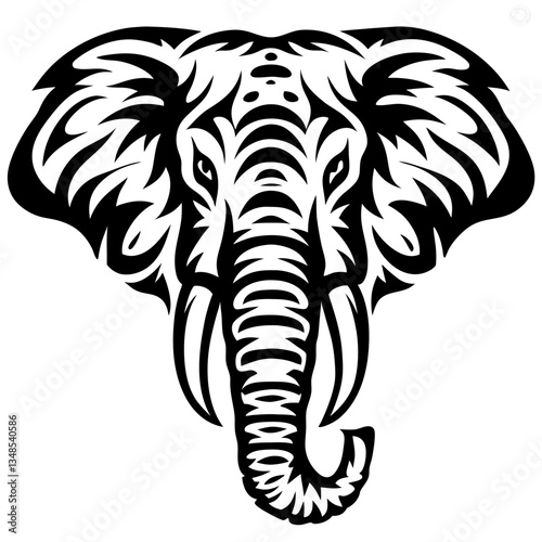 an intricate black and white illustration of an elephant's head, capturing its majestic features