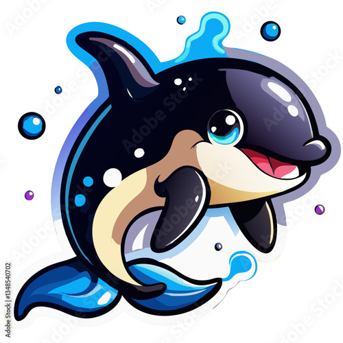 Cute illustration of a playful cartoon killer whale with big eyes and a charming smile, splashing in water, exuding joy