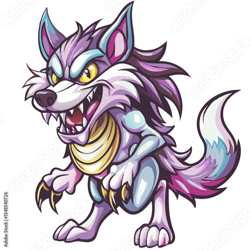 a cartoon wolf with an evil grin and sharp claws ready for a fight, in a colorful illustrated image