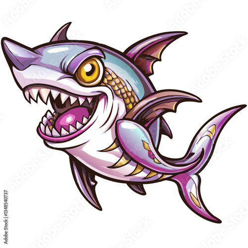 a stylized shark illustration, with a menacing expression and sharp teeth. It features intricate details and vibrant colors