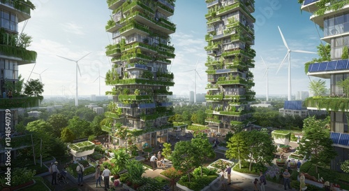 Futuristic green vertical gardens on modern buildings