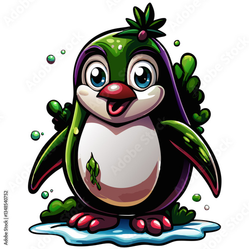 an adorable cartoon penguin stands on ice with green leafy details, appearing happy and friendly, a fun design for everyone