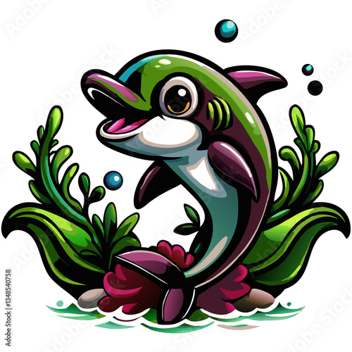 a joyful dolphin with its mouth open, leaping playfully in the water with algae and bubbles