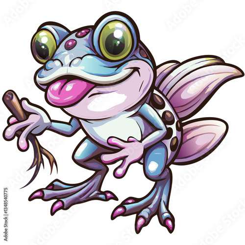 a cute illustration of a frog, featuring a cartoon frog with its tongue out and holding a twig