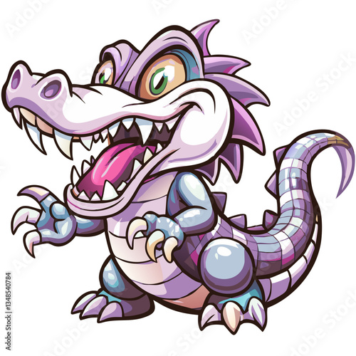 A cartoon illustration of a purple smiling alligator character with sharp teeth and a long tongue