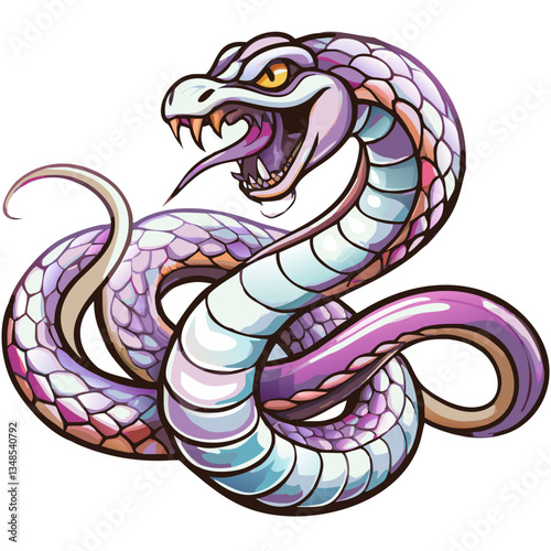 a captivating cartoon snake, illustrated with a striking color palette, poised and ready to strike. The snake's detailed features and menacing posture create a sense of both fascination and danger.