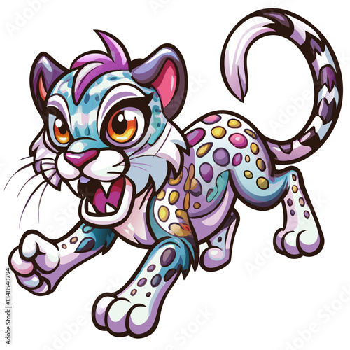 a vibrant illustration of a stylized snow leopard with striking colors and dynamic pose. The artwork is filled with playful details and a sense of energy