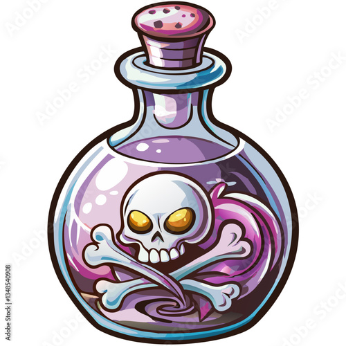 A poison bottle with a skull and crossbones, a symbolic image of danger and toxicity. The image features a clear glass bottle containing a swirling purple liquid.