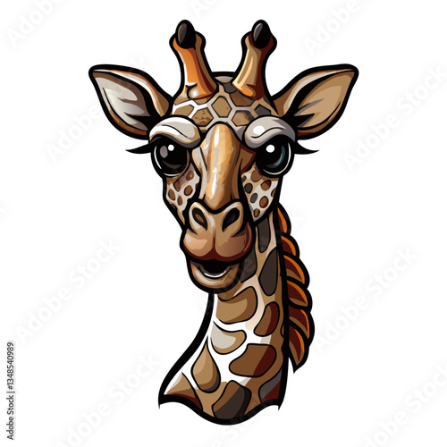 A charming giraffe illustration with expressive eyes, a detailed coat pattern, and a friendly expression. The illustration captures the unique features of a giraffe