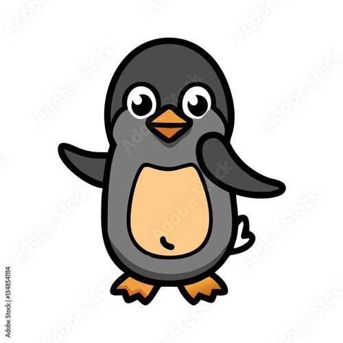 A charming penguin illustration with a cheerful expression and raised wing, creating a friendly and engaging visual