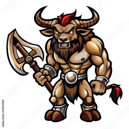 a minotaur holding an axe, ready for battle, a formidable creature with muscular physique