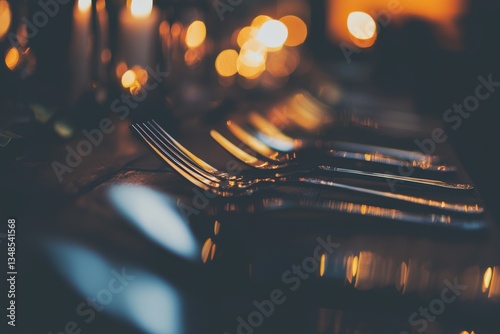 Elegant Golden Cutlery Set on a Dining Table with Warm Lighting