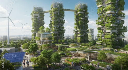 Sustainable eco-city with greenery and renewable energy