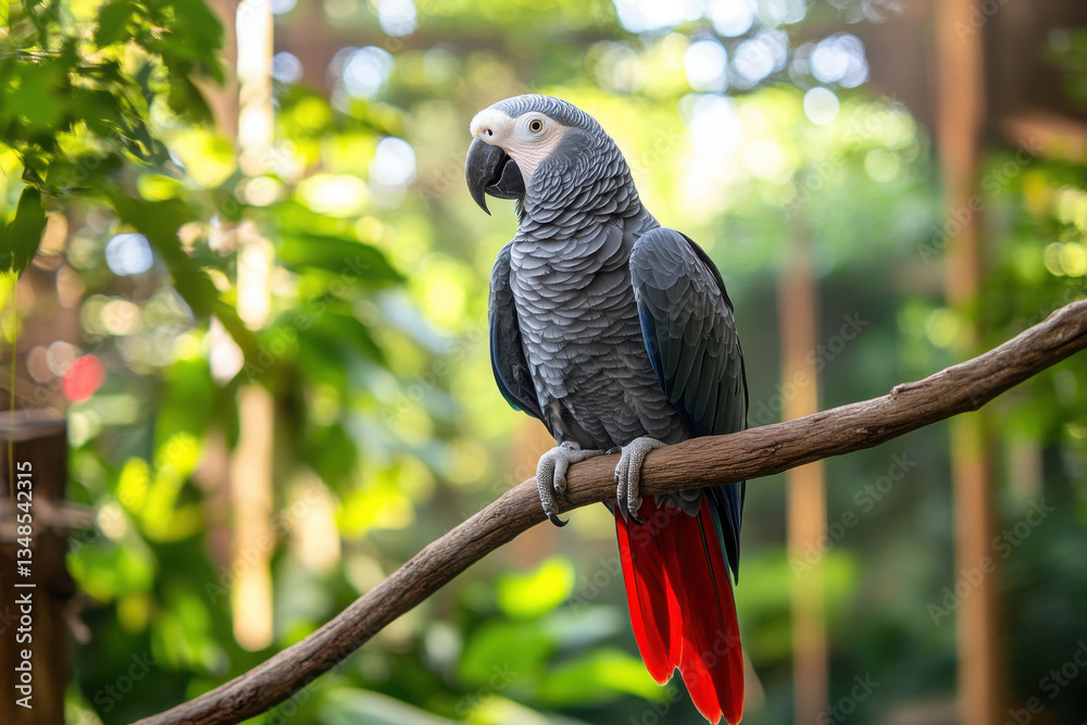 Fototapeta premium Grey parrot with red tail perched in aviary, surrounded by greenery