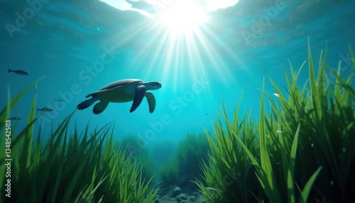 Sea turtle swimming through vibrant underwater seagrass