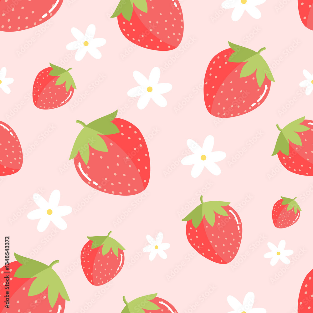 Strawberry and white flowers seamless pattern hand drawn cute kawaii Strawberry and white flowers seamless pattern hand drawn cute kawaii
