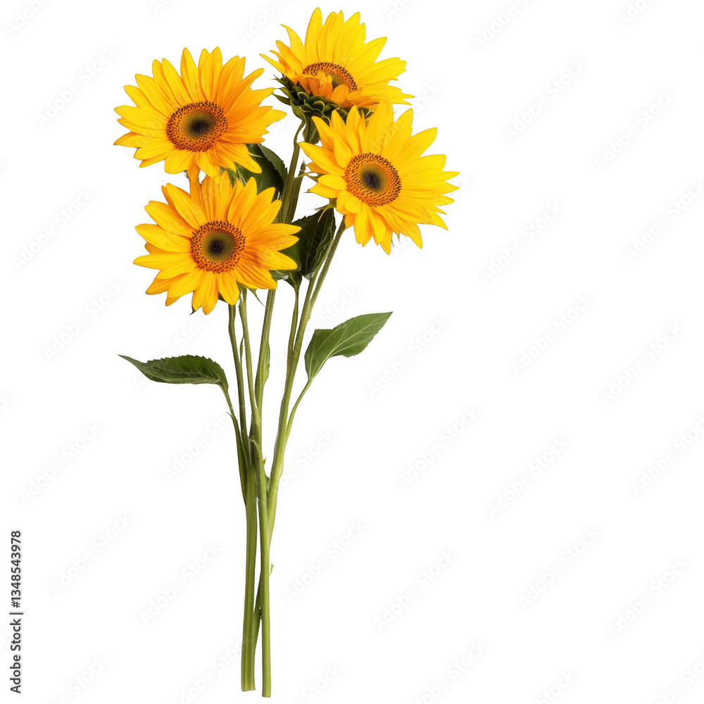 Fototapeta premium A bouquet of yellow sunflowers is displayed on a white background. The flowers are arranged in a way that they are all facing the same direction, creating a sense of unity and harmony