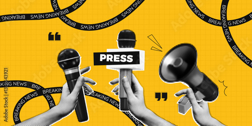 Trendy Halftone Collage Journalist hands with microphones. Reposters conduct interviews for news. Social media survey. Press conference. Fakes and propaganda. Contemporary vector illustration art