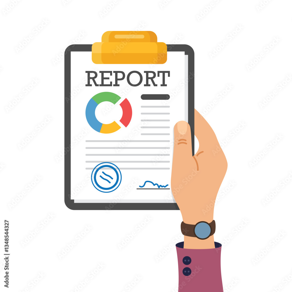 Report document in hand icon in flat style. Dashboard plan vector illustration on isolated background. Analysis sign business concept. Report document in hand icon in flat style. Dashboard plan vector illustration on isolated background. Analysis sign business concept.