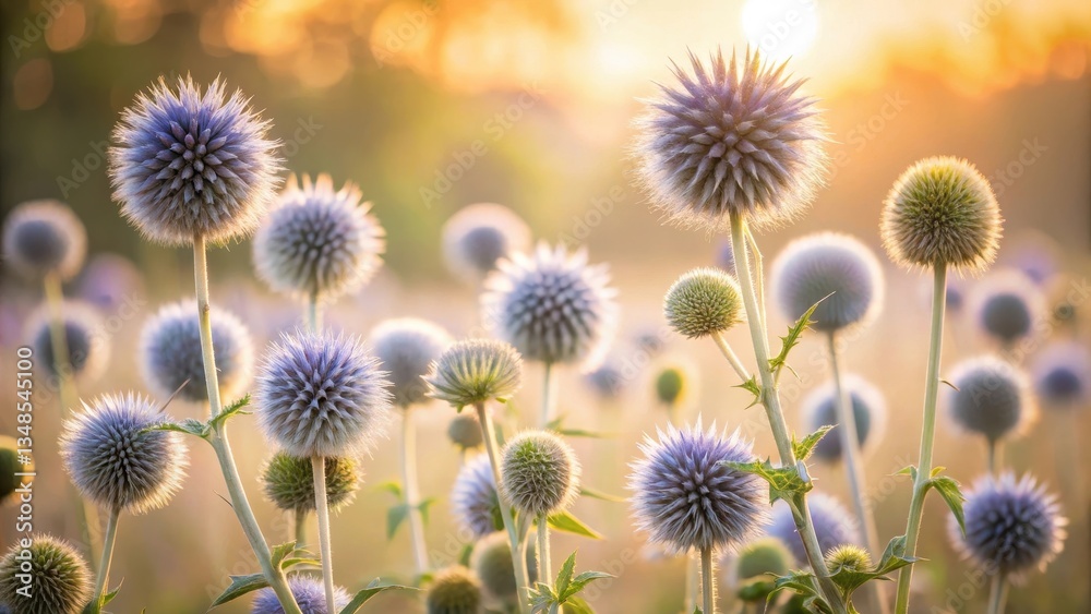 Obraz premium Golden Hour Meadow Delicate Globe Thistles Basking in the Sunset's Warm Embrace