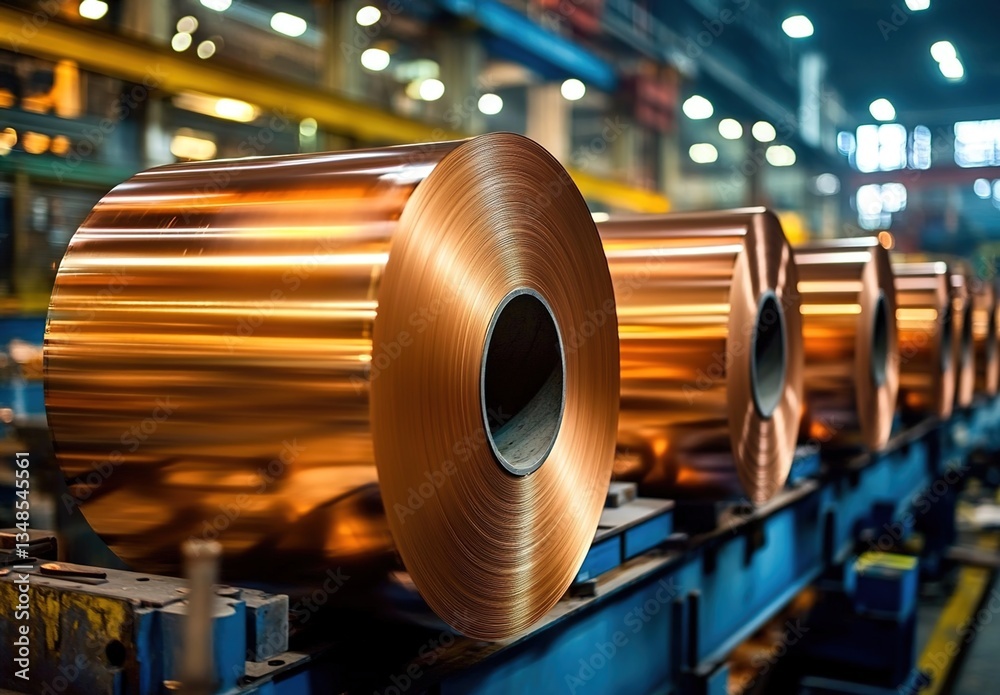 A factory with several shiny copper rolls, the copper rolls glowing in a golden-brown hue, a blurred industrial background with machines and lights A factory with several shiny copper rolls, the copper rolls glowing in a golden-brown hue, a blurred industrial background with machines and lights