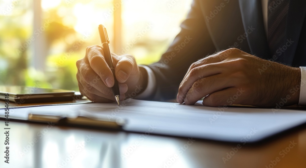 Naklejka premium Businessman signing documents in office, sunny window background