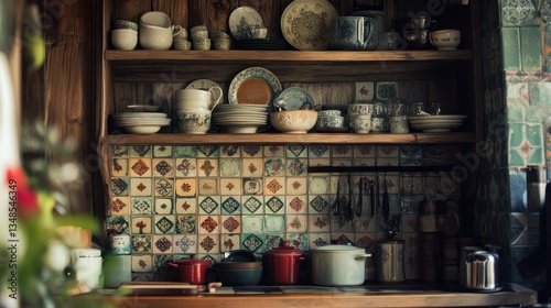 Wallpaper Mural A rustic kitchen shelf showcases various dishes and utensils Torontodigital.ca