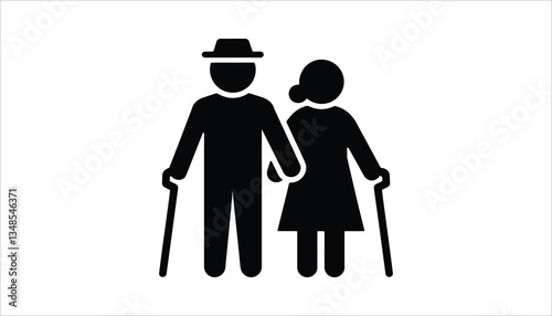 Elderly Couple with Walking Canes Icon. Senior Care Illustration.