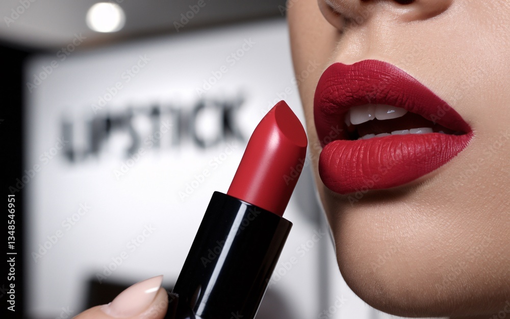 Obraz premium Lipstick, Close-up, woman applying red lipstick