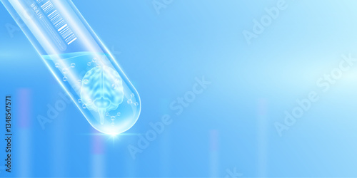 Brain transparent and molecule in glass test tube with empty space for text. Human internal organ anatomy sample science research experiment. Medical scientific concept. Banner vector.