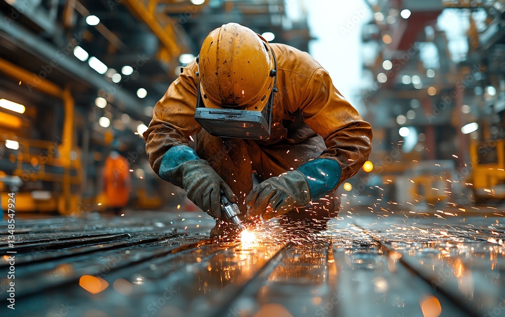 Detailed offshore work scene with workers using welding torches on an oil platform Detailed offshore work scene with workers using welding torches on an oil platform