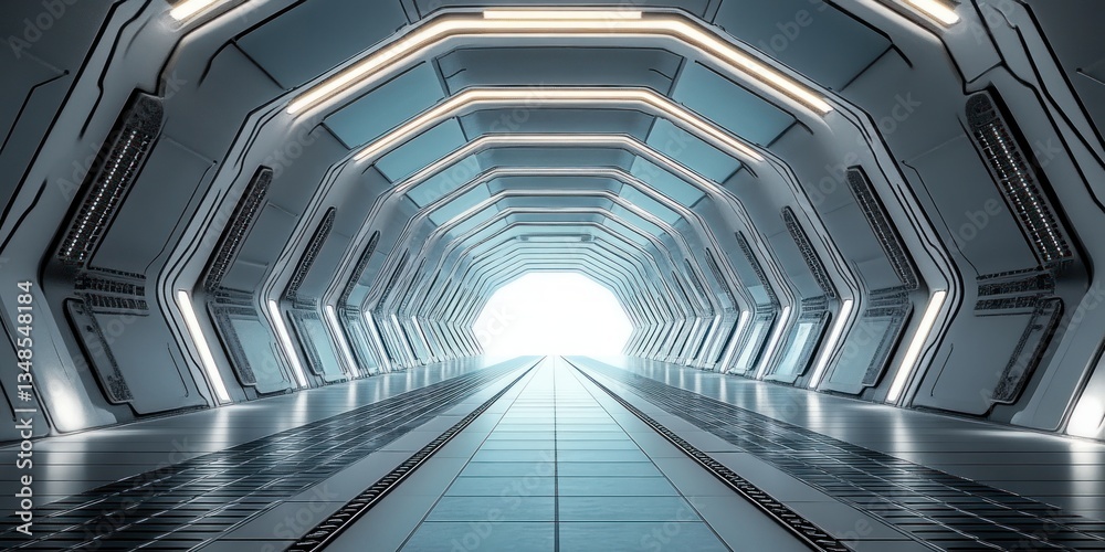Fototapeta premium Futuristic Minimalistic Corridor with Diffused Lighting and Metal Patterns