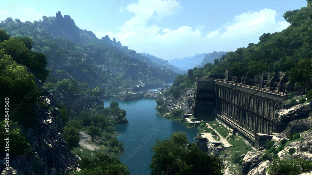 Fototapeta premium Panoramic View of Verdant Valley with River and Rocky Terrain Under Sunny Blue Sky