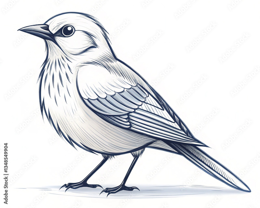 Obraz premium An artistic charcoal sketch of a sparrow with rough and expressive strokes, Artwork, charcoal on rough grain paper with deep shadows and highlights, sketch of a raven, crow on the ground