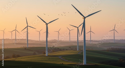 Wind farm at sunset providing renewable energy