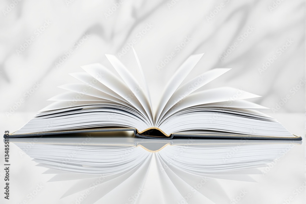 Fototapeta premium Open book with fanned pages on a reflective surface.
