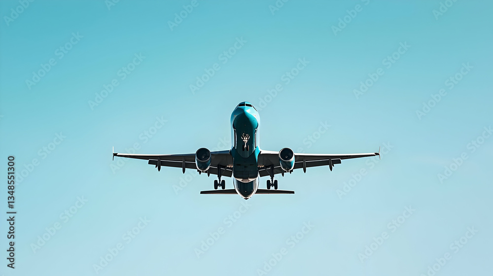 Low Angle View Of Teal Airplane Flying In Clear Blue Sky During Daylight Low Angle View Of Teal Airplane Flying In Clear Blue Sky During Daylight