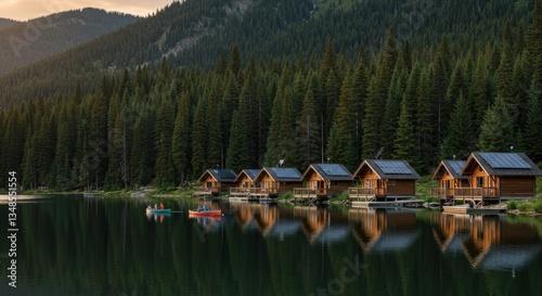 Lakeside wooden cabins reflecting on calm water