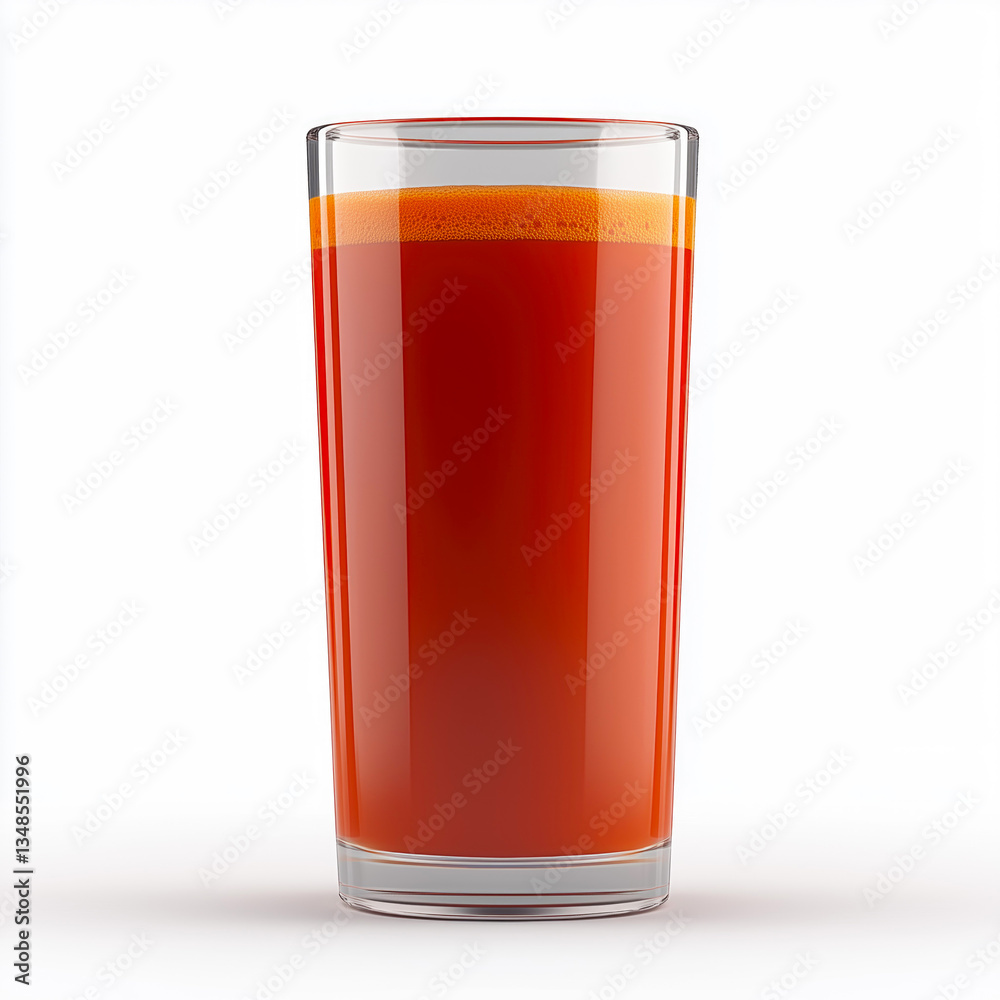 A glass of red juice is on a white background