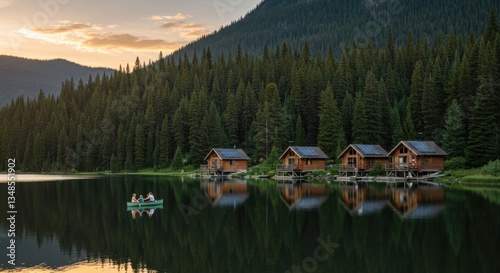 Tranquil wooden cabins on a pristine lake with mountain backdrop