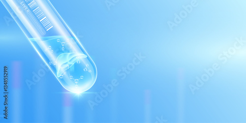 Liver transparent and molecule in glass test tube with empty space for text. Human internal organ anatomy sample science research experiment. Medical scientific concept. Banner vector.