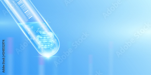 Small intestine transparent and molecule in glass test tube with empty space for text. Human internal organ anatomy sample science research experiment. Medical scientific concept. Banner vector.