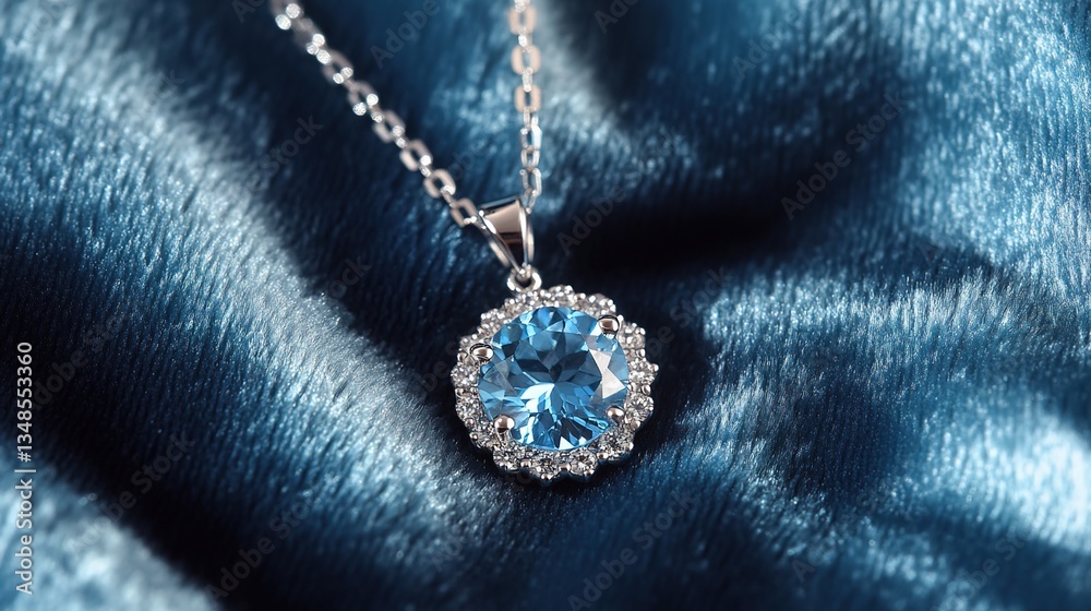 A silver necklace with a blue gemstone pendant surrounded by small diamonds, a deep blue velvet fabric background, luxurious and elegant style A silver necklace with a blue gemstone pendant surrounded by small diamonds, a deep blue velvet fabric background, luxurious and elegant style