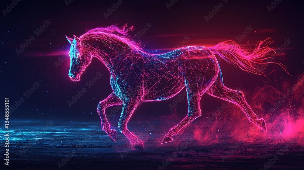 Fototapeta premium A neon magenta and blue horse running across a dark background